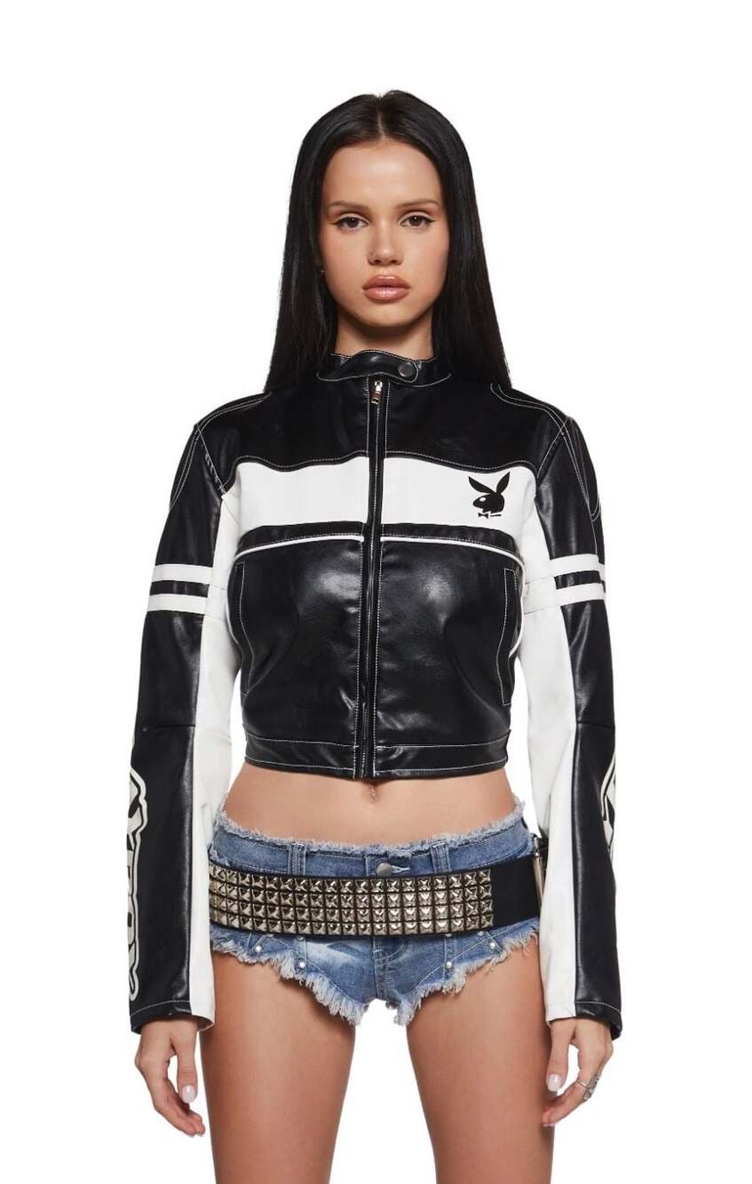 Dolls Kill x Playboy Playmate Vegan Leather Moto Cropped Jacket.